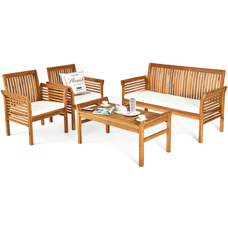 4-piece outdoor acacia wood sofa set with soft cushions, perfect for patio or garden relaxation.