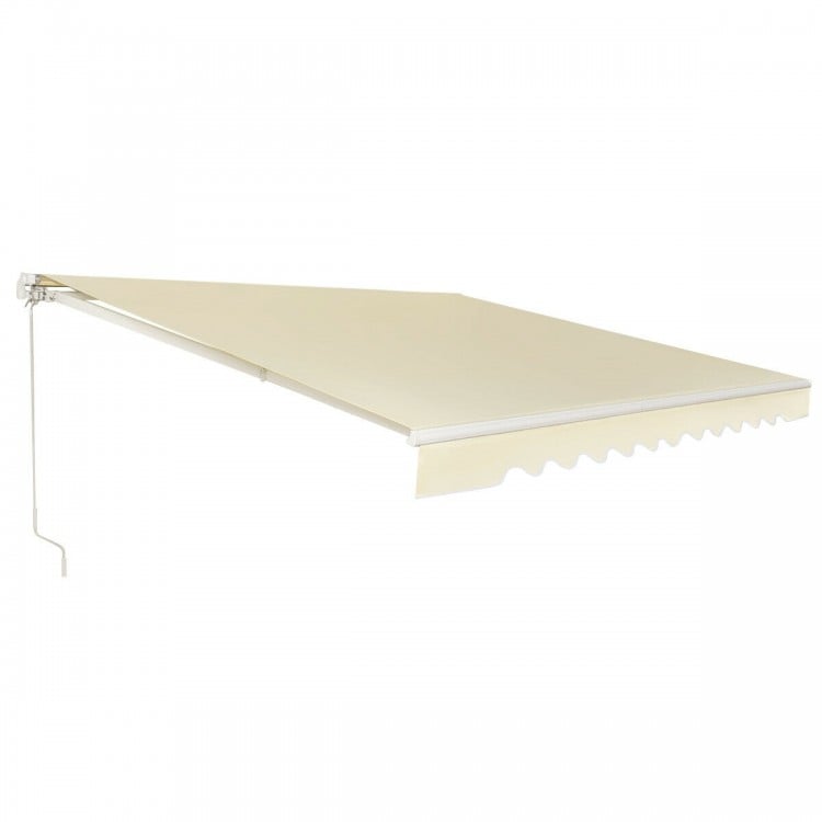 Retractable 13 × 8 feet patio awning in beige with aluminum frame, adjustable angle, ideal for sun protection on decks.