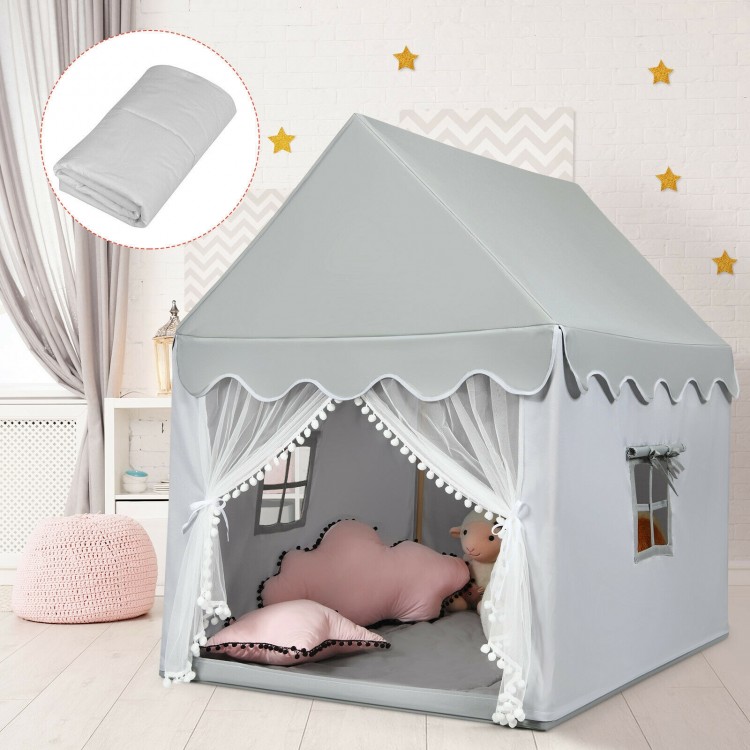 Kids large gray play castle tent with soft mat, featuring adorable windows and door for indoor and outdoor fun.