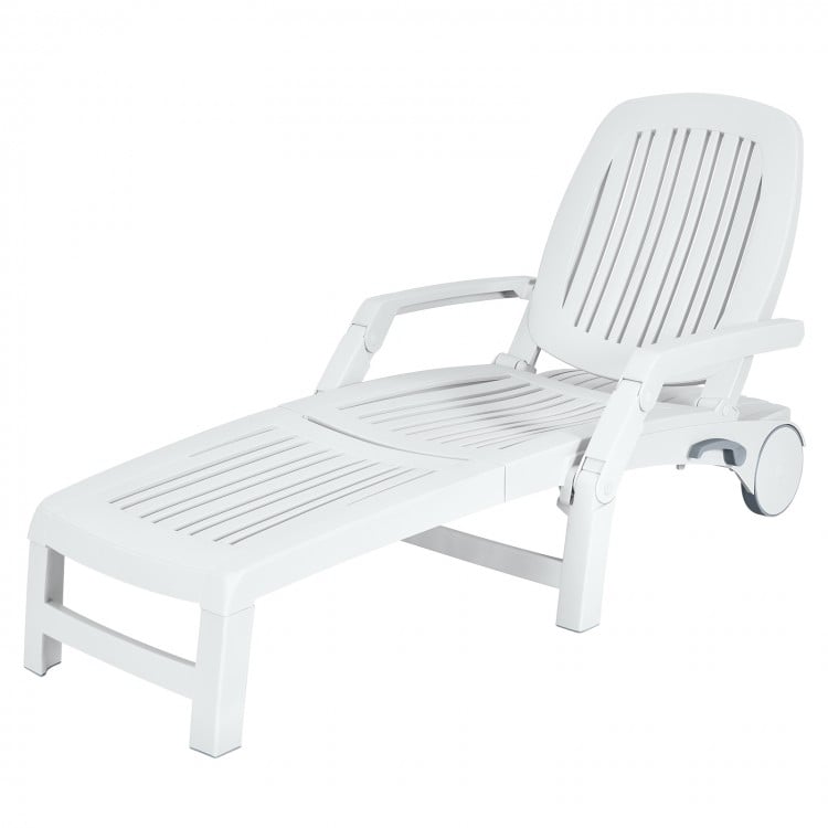 White adjustable patio sun lounger with sturdy triangular structure, offering six reclining positions for outdoor.
