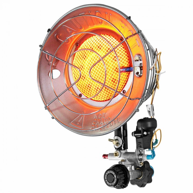 Portable 15,000 BTU propane tank top heater with metal dish, adjustable heat levels, ideal for outdoor activities.