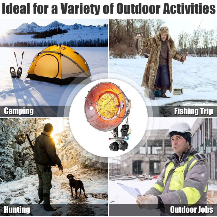 Portable 15,000 BTU propane tank top heater with metal dish, ideal for camping, hunting, and fishing activities.