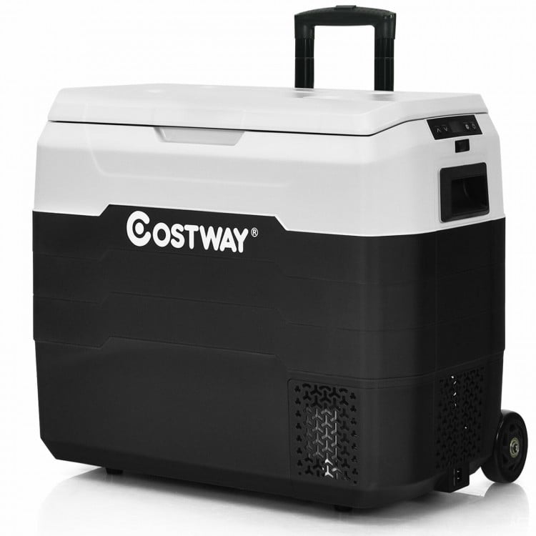 Portable 53 QT dual-zone car refrigerator in white with wheels and telescopic handle, ideal for camping and outdoor.