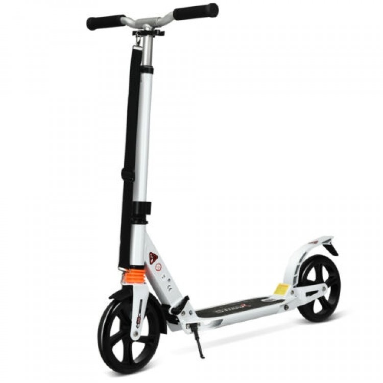 Folding adjustable kick scooter in white with 8" wheels, aluminum alloy frame, and shoulder strap for easy carrying.