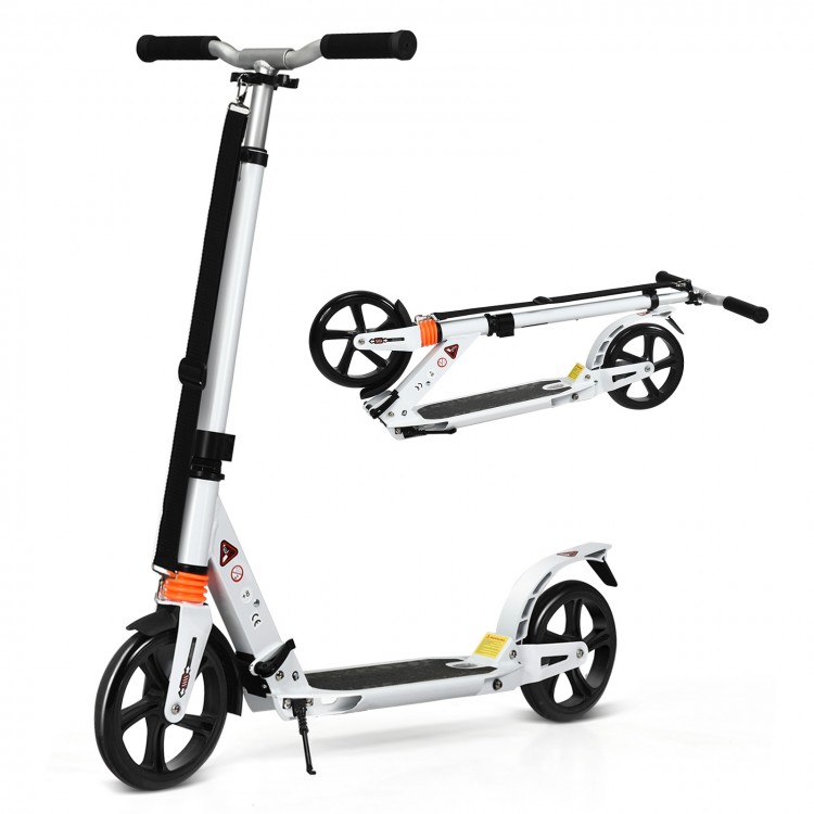 Folding adjustable kick scooter in white, made of aluminum alloy, with 8" wheels and shoulder strap for easy carrying.
