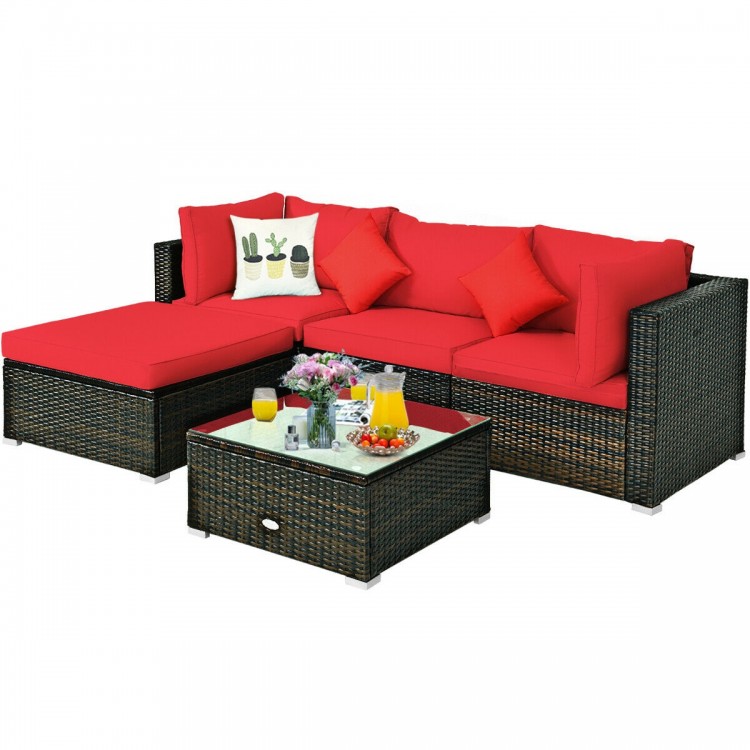L-shaped outdoor patio rattan furniture set with red cushions, includes armless sofa, corner sofas, ottoman, and coffee.