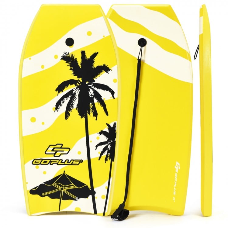 Lightweight yellow bodyboard with EPS core, XPE deck, and crescent tail, ideal for surfing and easy to transport.