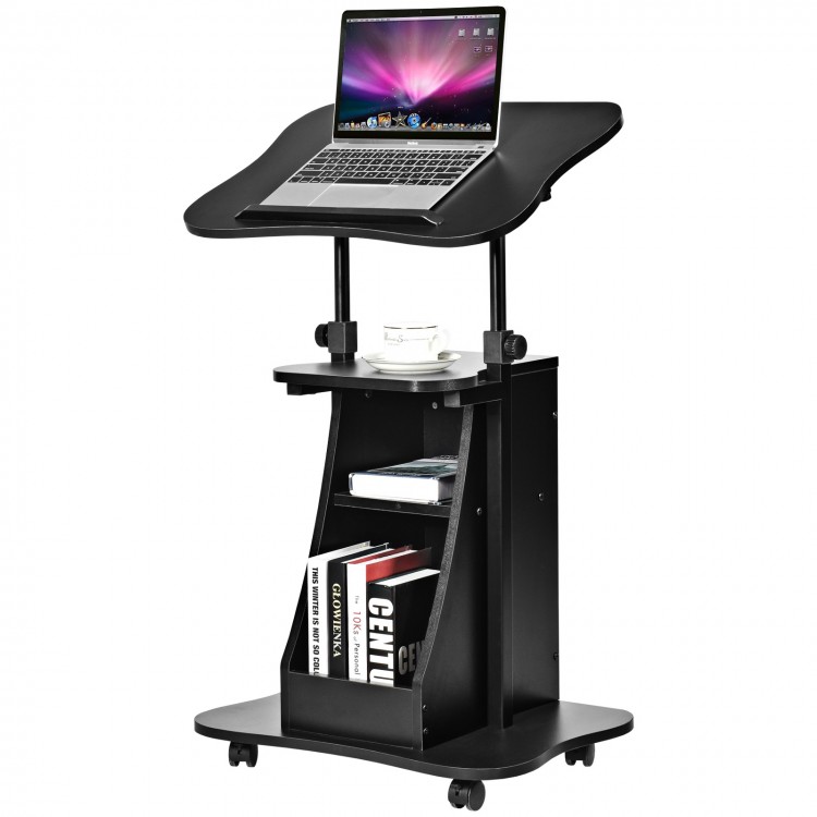 Height adjustable black sit-to-stand laptop desk cart with storage, tiltable desktop, and wheels for easy mobility.