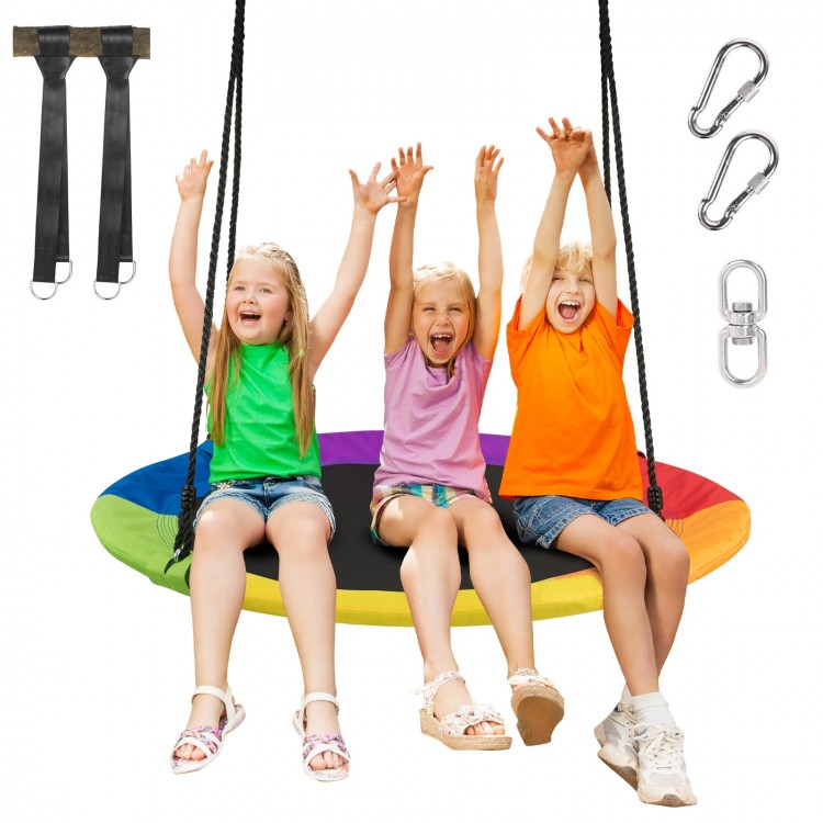 Colorful 40-inch flying saucer tree swing with kids enjoying, featuring 770 lbs capacity and adjustable hanging straps.
