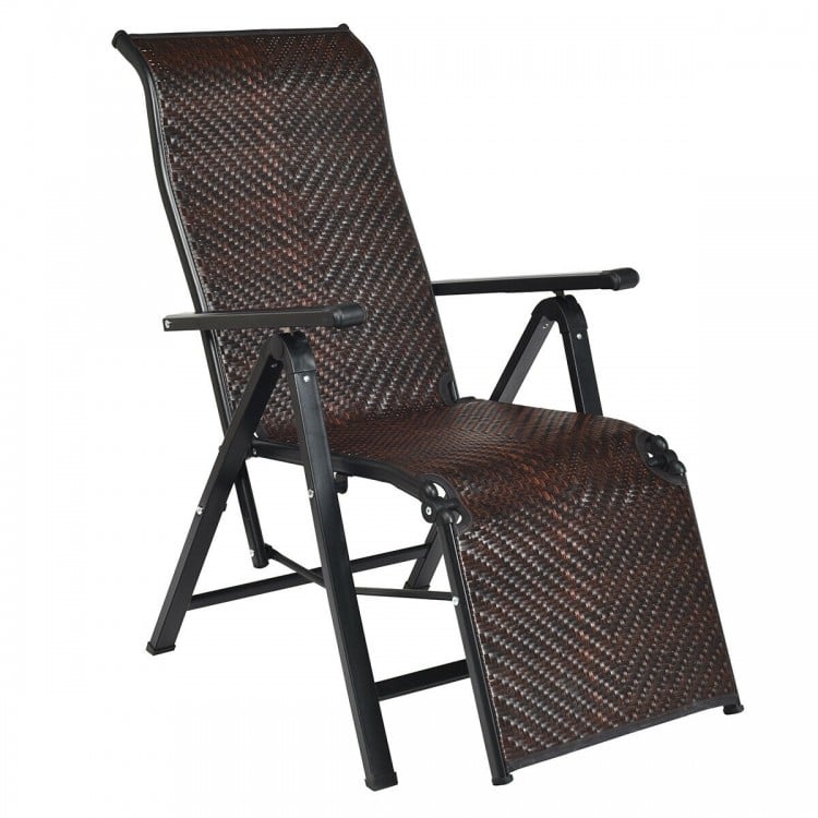 Adjustable patio back folding lounge recliner made of durable PE rattan with a solid steel frame, perfect for outdoor.