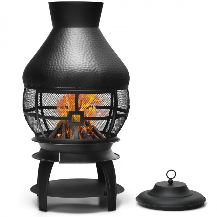 Patio wood burning chimneys fireplace with round wire mesh, sturdy iron construction, ideal for outdoor gatherings.