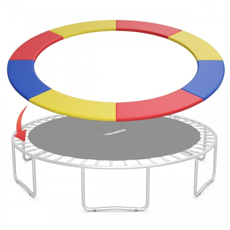 Multicolor trampoline safety pad covering exposed springs, made of waterproof PVC and PE for outdoor and indoor use.