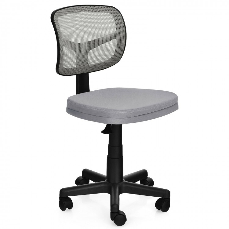 Armless gray computer chair with height adjustment and breathable mesh, ideal for home office use and comfort.