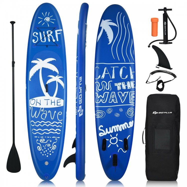 Inflatable stand-up paddle board in blue with adjustable paddle, fins, and carrying backpack for versatile water.