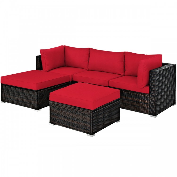 L-shaped sofa section of the 5-piece patio rattan set with plush red cushions, ideal for stylish outdoor seating.