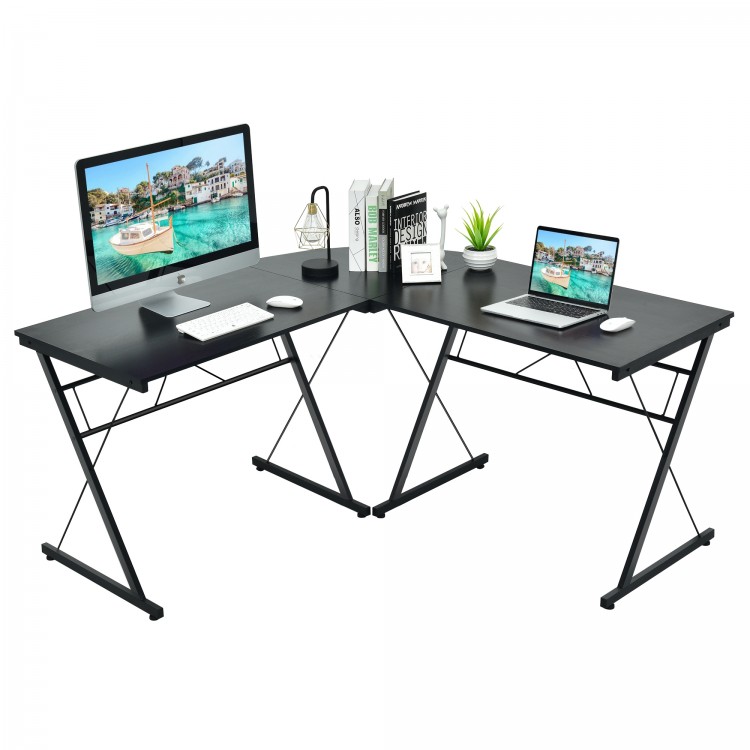 L-shaped black corner desk with sturdy P2 MDF and iron frame, ideal for home office or study workstation.