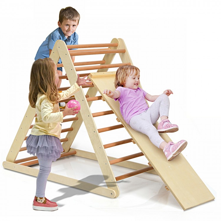 Foldable wooden climbing triangle with ladder for toddlers, featuring a smooth slide and sturdy natural wood.