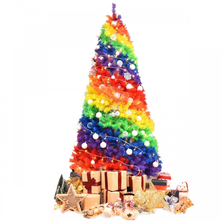 Colorful 7 feet artificial Christmas tree with 1213 rainbow branch tips and sturdy metal stand, ideal for festive.