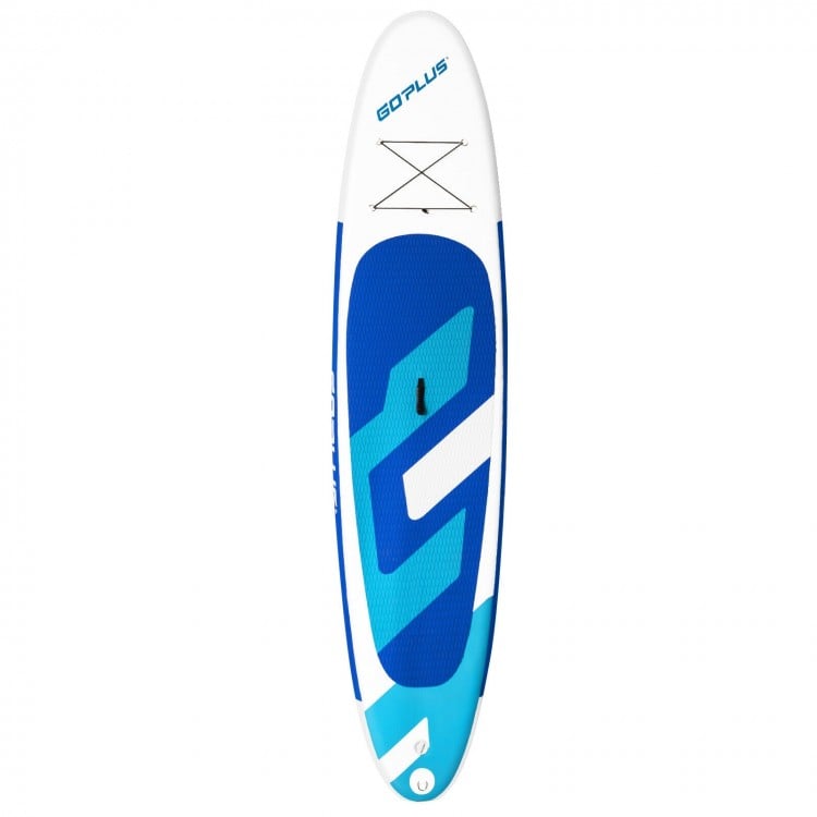 Inflatable stand up paddle board in blue with anti-slip mat, detachable fin, and sturdy PVC construction for water.