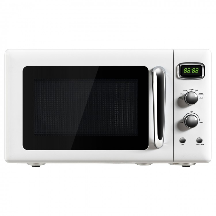 Compact 0.9 Cu.ft retro countertop microwave oven in white with a clear viewing window and easy-to-use controls.