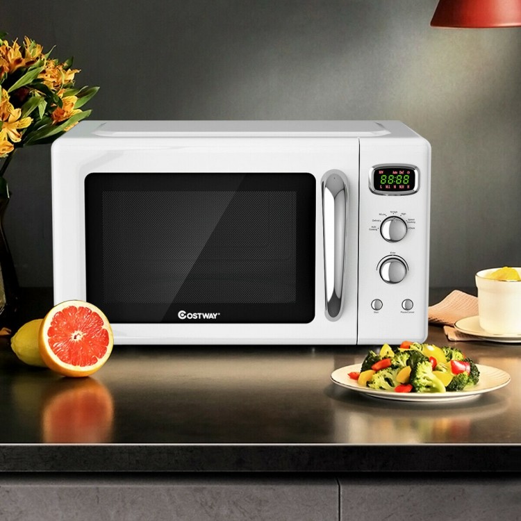 Compact 0.9 Cu.ft retro countertop microwave oven in white with LED display, ideal for small apartments and offices.