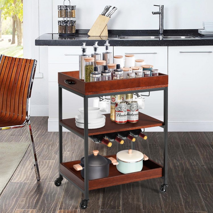 Three-tier kitchen island serving bar cart with wine bottle rack and glass holder, made of wood and metal, ideal for.