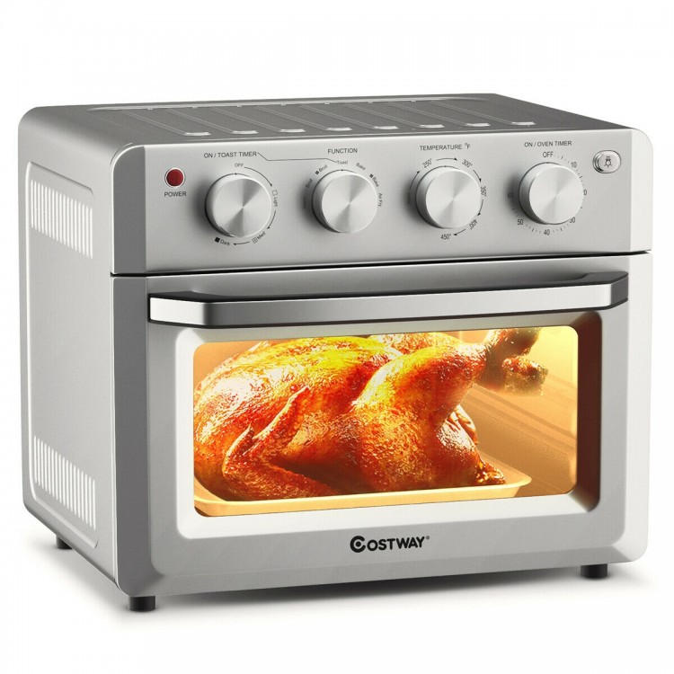19 Qt convection air fryer toaster oven with a whole roasted chicken inside, featuring adjustable knobs and transparent.