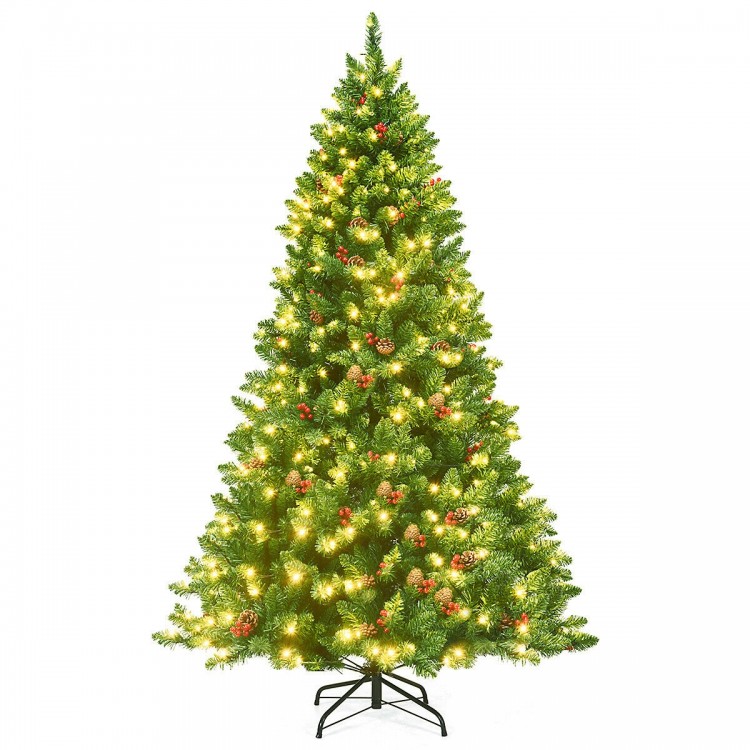 6.5 feet pre-lit Christmas tree with 450 LED lights, pine cones, and red berries for festive home decoration.
