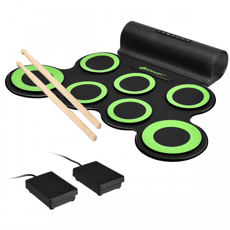 Electronic roll-up drum set with 7 sensitive-touch pads, wooden drumsticks, and dual speakers for immersive sound.