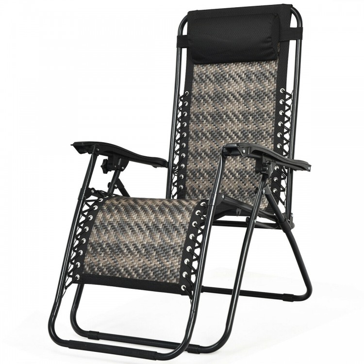 Folding rattan zero gravity lounge chair in gray with removable head pillow, ideal for outdoor relaxation and easy.