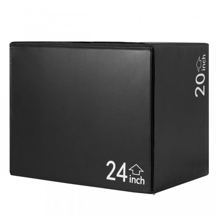 3-in-1 foam jumping box in black with 20", 24", and 30" heights for jump training and stability exercises.
