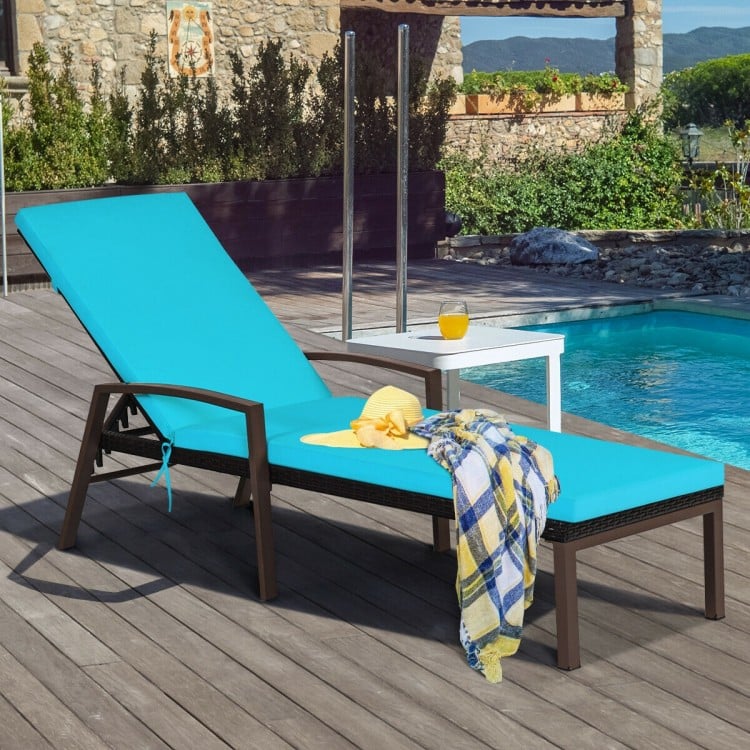 Turquoise patio rattan lounge chaise recliner with adjustable backrest and soft cushion, perfect for outdoor relaxation.