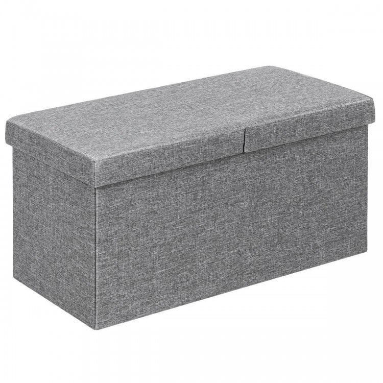 Light gray 30-inch folding storage ottoman with lift top, sturdy MDF frame, and roomy interior for versatile storage.