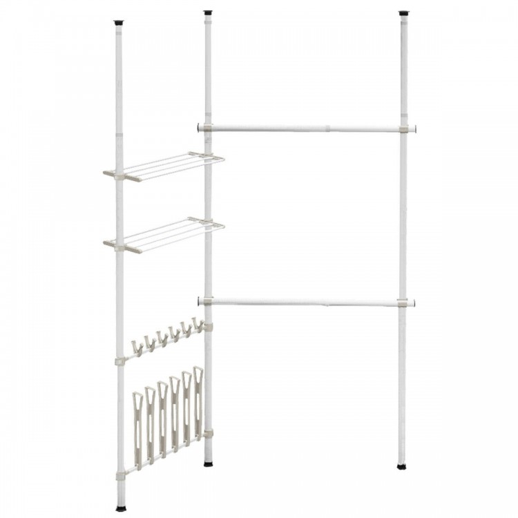 Telescopic clothes hanger with adjustable height, 2 shelves, and 12 shoe hooks for organized storage in any room.