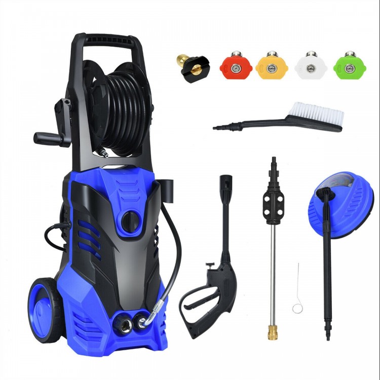 Electric high pressure washer in blue with 3000 PSI, five nozzles, and hose reel for versatile outdoor cleaning tasks.