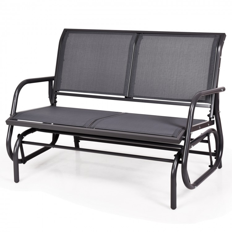 Gray 48-inch swing glider loveseat with sturdy steel frame and curved backrest, perfect for outdoor relaxation.