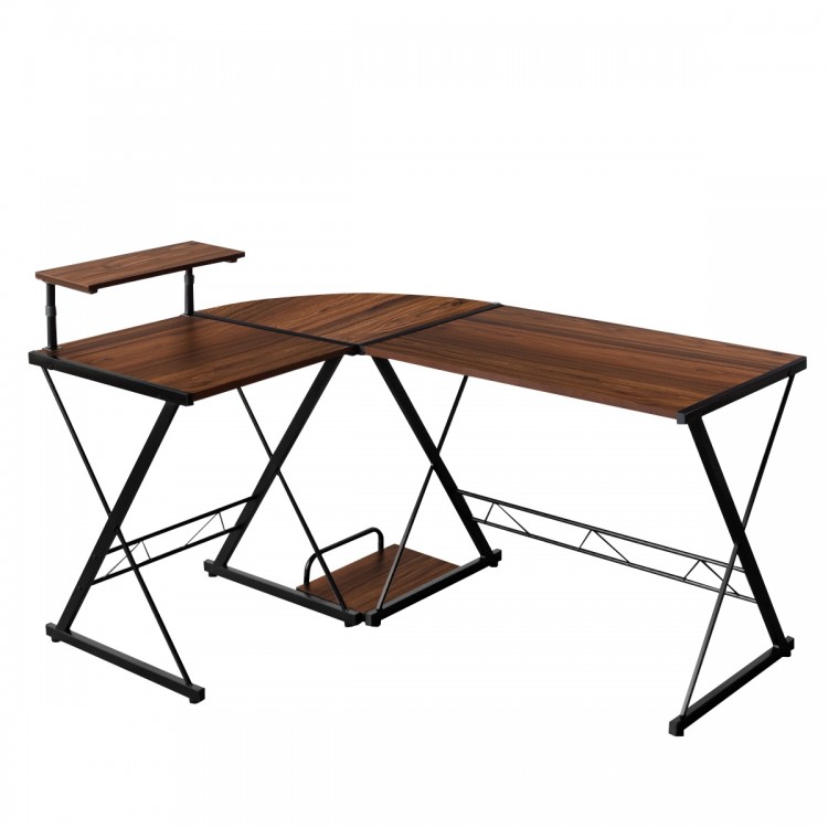 L-shaped computer gaming desk in walnut with durable iron frame, designed to fit snugly in corners for efficient space.