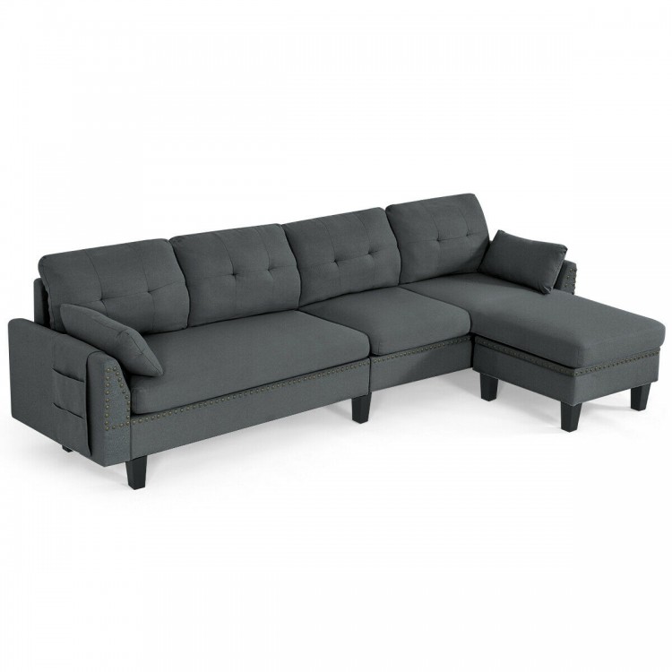 L-shaped reversible sectional sofa in gray with movable ottoman, soft linen fabric, and chic rivet trim for stylish.