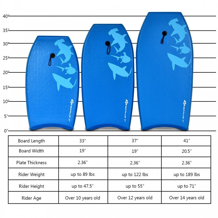 Dimension chart of lightweight blue bodyboards showing sizes, rider weight, and age suitability for optimal surfing.