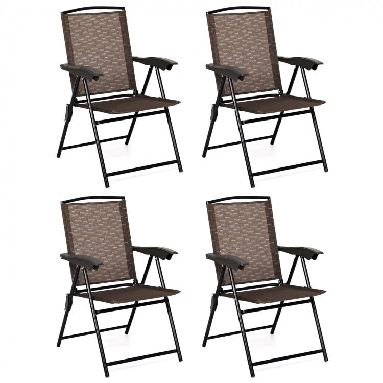 Set of 4 folding dining chairs with steel armrests, breathable fabric, and adjustable backrest for outdoor use.