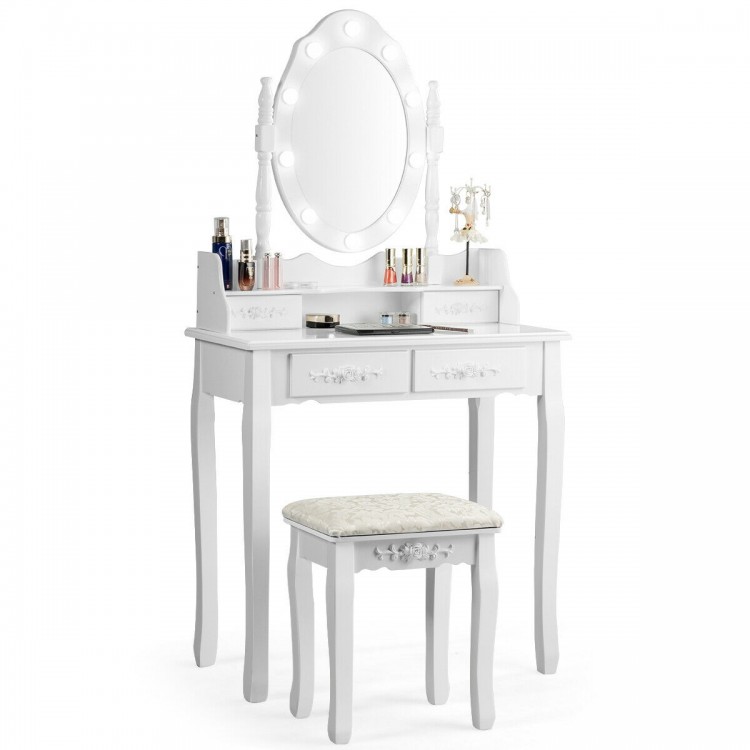 Makeup vanity dressing table set in white with dimmable bulbs, cushioned stool, and four storage drawers for elegant.