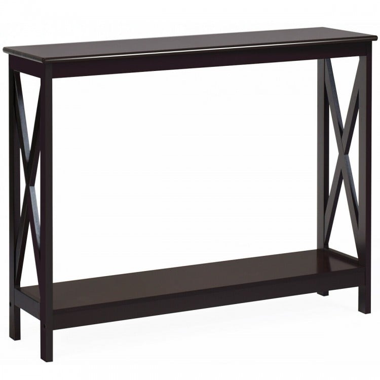Dark brown 2-tier console table with X-design, crafted from durable P2 MDF, perfect for entryways or living rooms.