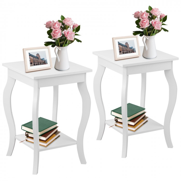 Set of 2 white accent side tables with curved legs and lower shelf for storage, perfect for living room decor.