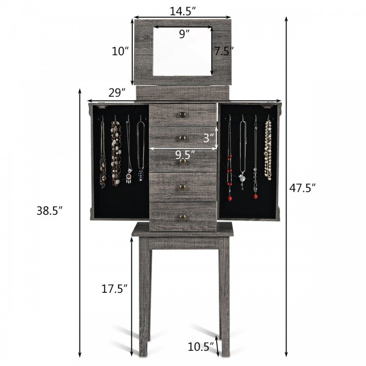 Standing jewelry cabinet organizer with wooden legs, featuring five drawers and side swing doors for ample storage.