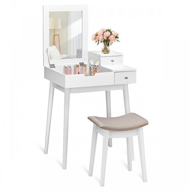 Vanity dressing table set in elegant white with flip mirror, two drawers, and a comfortable stool for makeup.