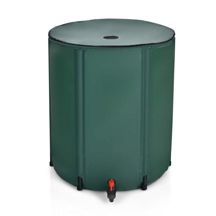 Collapsible 60-gallon rain barrel in green, made of durable PVC, featuring a dual-way zippered top and spigot for easy.