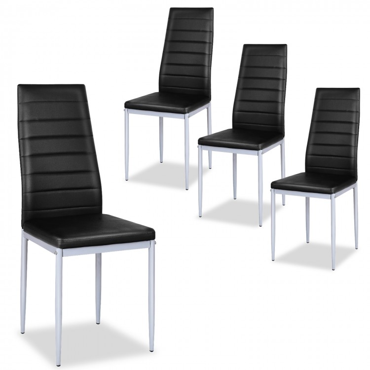 Set of four black PVC leather dining side chairs with painted steel legs, featuring a modern and elegant design.