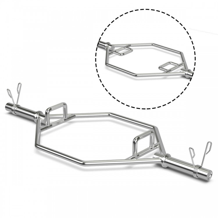 Olympic hexagon deadlift trap bar with chrome finish, dual knurled grips, and foldable handles for versatile workouts.