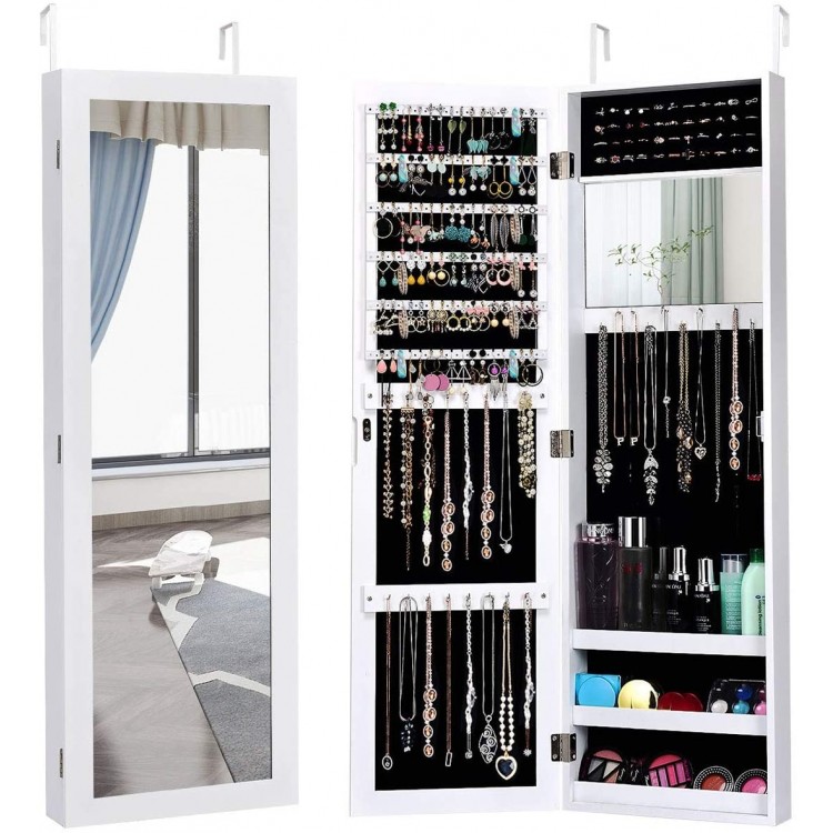 Wall-mounted jewelry cabinet in white with full-size mirror, featuring organized storage for earrings, rings, and.