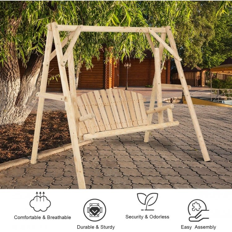 Outdoor wooden porch bench swing chair with a sturdy frame, ideal for relaxing in your garden or patio space.
